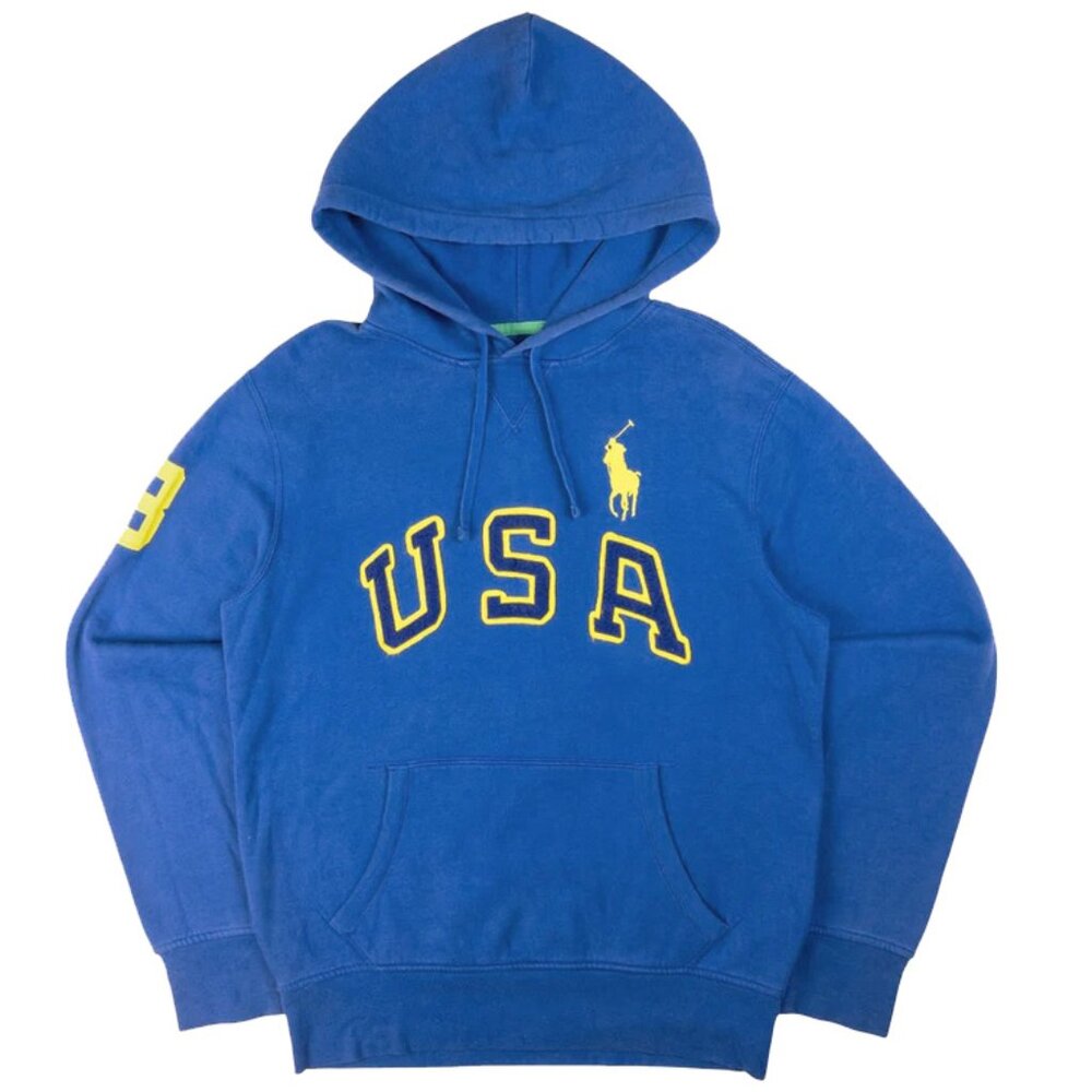 NEW Vintage Polo Ralph Lauren Hoodie Sweatshirt!  Blue  Huge USA  Yellow Pony